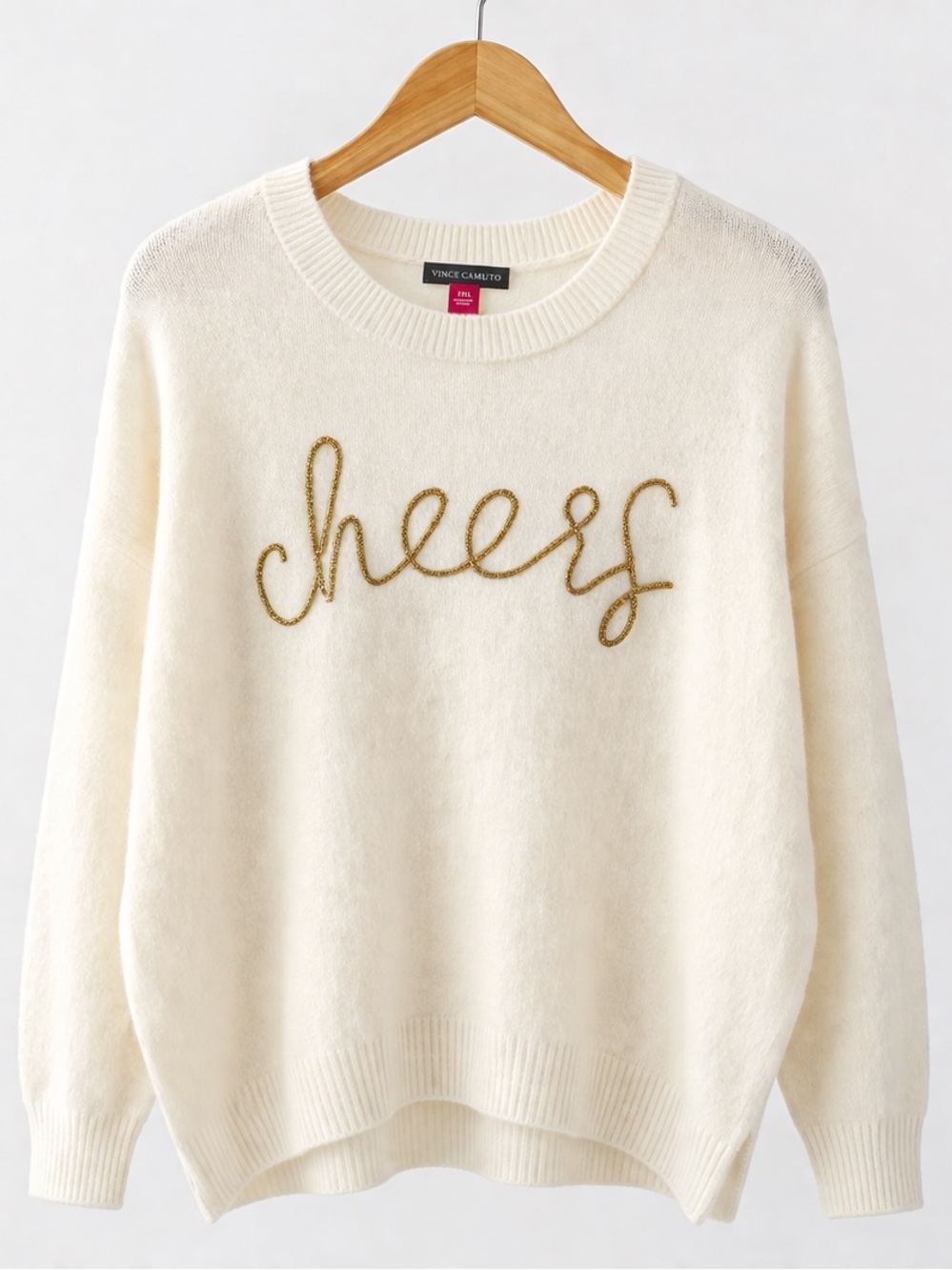 Vince Camuto Cream Sweater with Gold 'cheers' Script